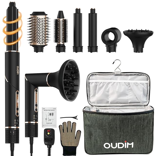 OUDIM 6-in-1 hot air comb and styler with interchangeable brush heads and diffuser
