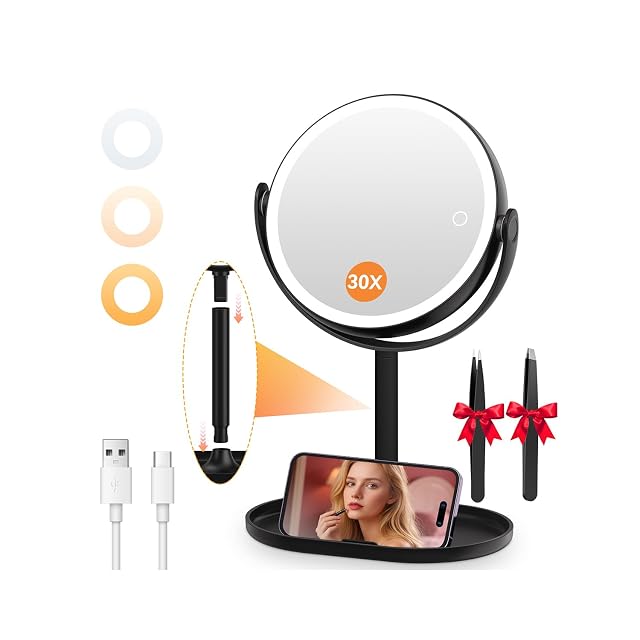 Auxmir double-sided lighted cosmetic mirror with LED ring and stand