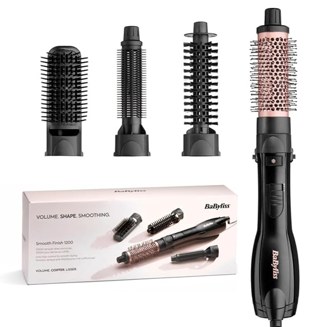 BaByliss Smooth Finish 1200 hot air brush with four styling attachments in black and pink