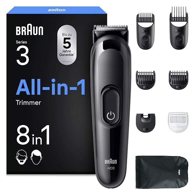 Braun Multigroom Series 3 AIO3545 eight-piece grooming kit with combs and case