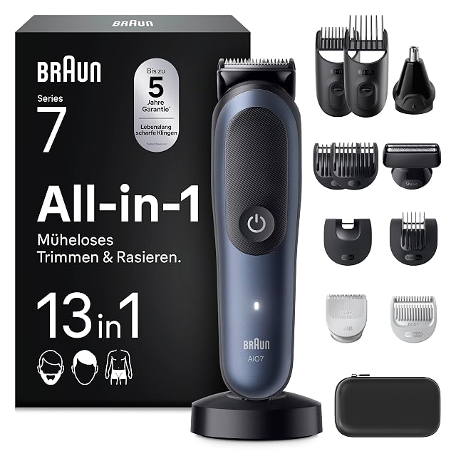 Braun Multigroom Series 7 AIO7565 thirteen-piece grooming kit in blue with precision head
