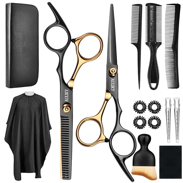 AULikY 15 piece hair cutting scissors and thinning shears set in pink