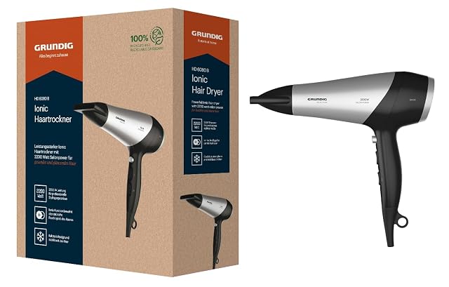Grundig HD 6080 B ionic hair dryer in black and silver with diffuser