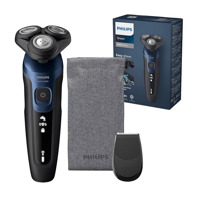 Philips Shaver 5000 S5465 rotary shaver in metallic blue with precision trimmer and pouch