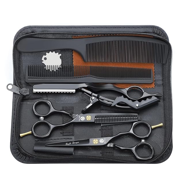 Purple Dragon hairdressing scissors and thinning shears set with leather case