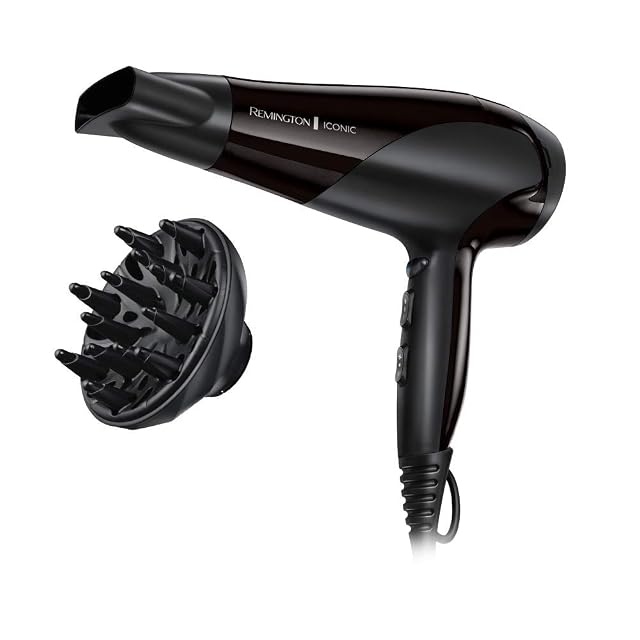 Remington D3198 ionic hair dryer in black with diffuser and styling nozzle