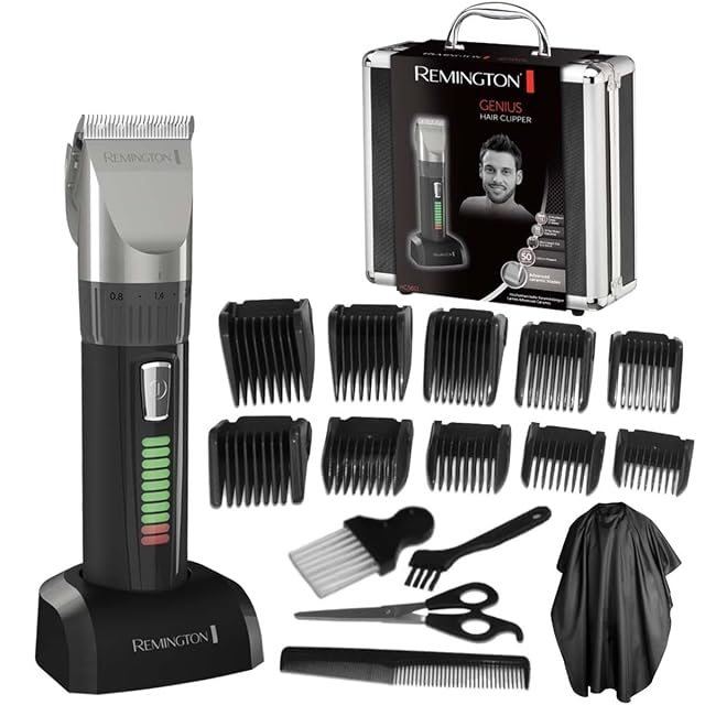 Remington HC5811 hair clipper with aluminium case, guards, scissors and cutting cape