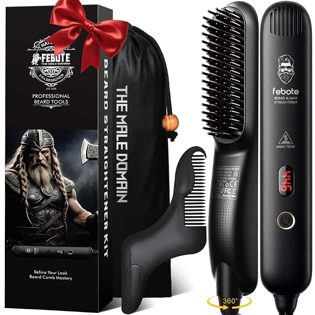 FEBOTE heated beard straightening comb with LCD screen and shaping comb